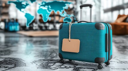 Suitcase ready for travel with a world map backdrop, awaits next journey. Turquoise bag with wheels