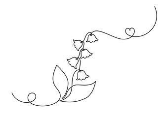 Flower Lily of the Valley in One Continuous Line Drawing. Minimalist Linear Beautiful Spring May bells. Vector Illustration For wedding design, invitations. Line Art Monoline. Editable stroke