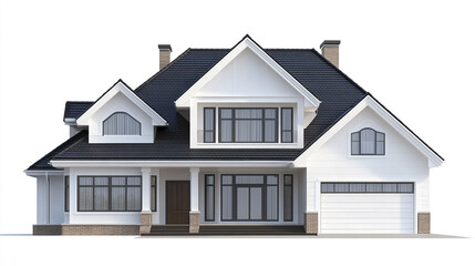 Elegant American house with dark roof and large windows on white background