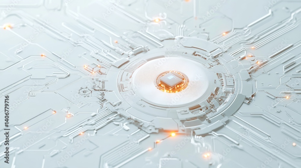 Poster exploring the integration of artificial intelligence in modern technology through intricate circuit 