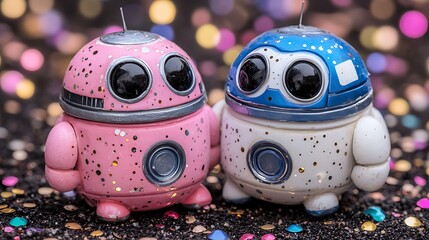 Adorable Robot Duo: Two charming robots, one pink and the other blue, stand side-by-side against a backdrop of colorful bokeh, an image that evokes feelings of fun and friendship