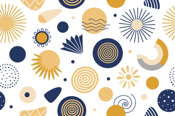 Abstract Shapes Pattern on White, Round Geometric Elements, Sun Rays, Circle, Line