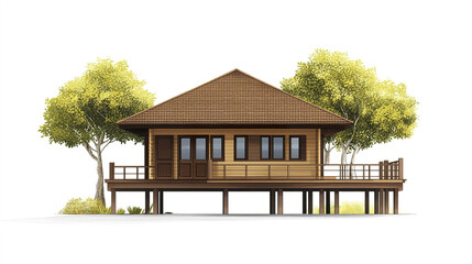 wooden house with raised deck surrounded by trees