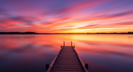Obraz premium Pier Leading to Lake at Colorful Sunset Landscape