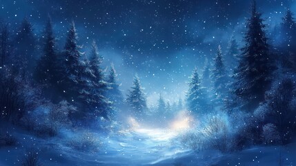 Fototapeta premium Snowy forest path, winter night, snowfall, magical, holiday card