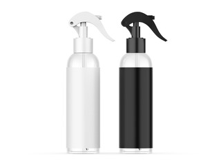Spray bottle with trigger. Plastic cleaner liquid packaging mockup. Pistol sprayer for disinfectant detergent. 3d illustration