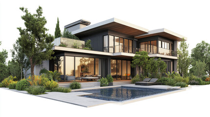 Naklejka premium Modern two story house with pool and garden on white background