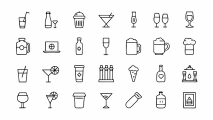 Minimalist linear icons related to alcoholic drinks including beer wine and cocktails ideal for nightlife apps drink recipe blogs and bar service branding