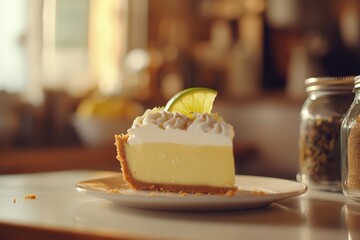 Lemon meringue pie slice on a plate.