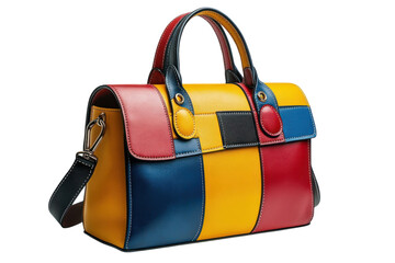 Stylish multicolored handbag made from high-quality leather displayed on a white background