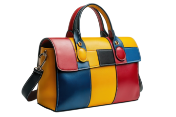 Stylish multicolored handbag made from high-quality leather displayed on a white background