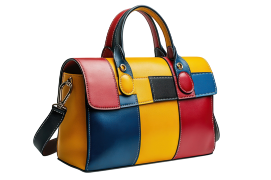 Stylish multicolored handbag made from high-quality leather displayed on a white background
