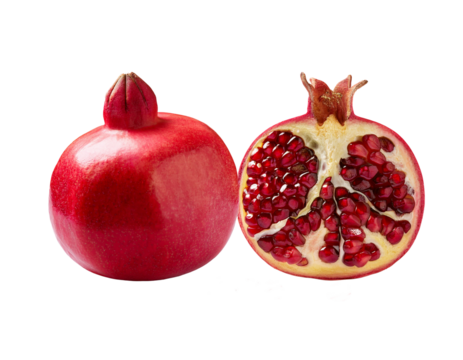 Two pomegranates, with the appearance of one fruit being split open, isolated on transparent background