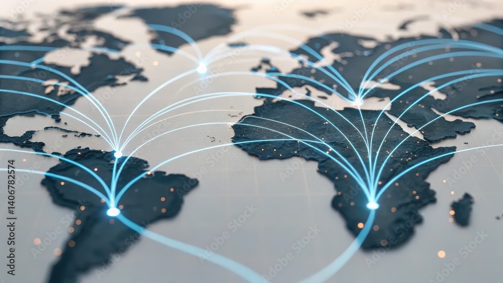 Poster comprehensive world map with a network of connected lines illustrating trade routes in an abstract d