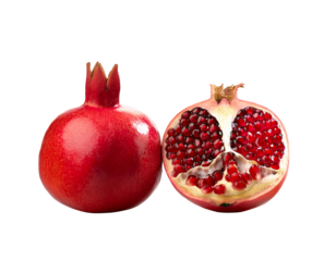 Two pomegranates, with the appearance of one fruit being split open, isolated on transparent background