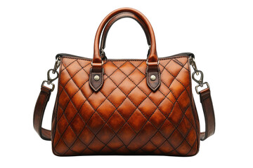 Brown leather handbag with quilted design and detachable shoulder strap on white background