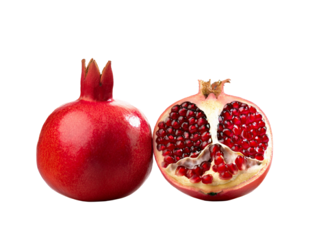 Two pomegranates, with the appearance of one fruit being split open, isolated on transparent background