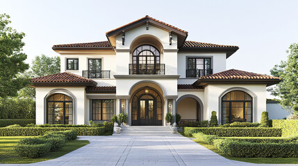 Fototapeta premium Elegant two story house with arched windows and lush greenery