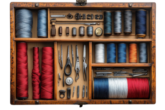 Colorful sewing supplies neatly arranged in a vintage wooden box on a table