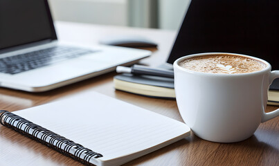 White Coffee Cup on Wooden Desk with Laptop and Notebook