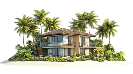 Fototapeta premium Modern resort style house surrounded by lush palm trees