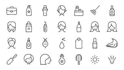 Modern outline icons related to hair styling, personal grooming, and care tools ideal for beauty apps, spa websites, and hair care product packaging