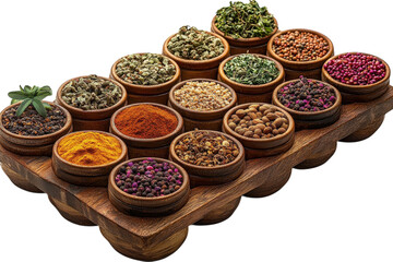Fototapeta premium Colorful assortment of spices on a wooden tray showcasing diverse culinary flavors