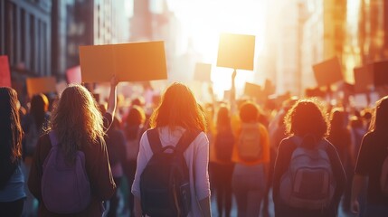 Group of people activists protesting on streets, women march and demonstration concept.