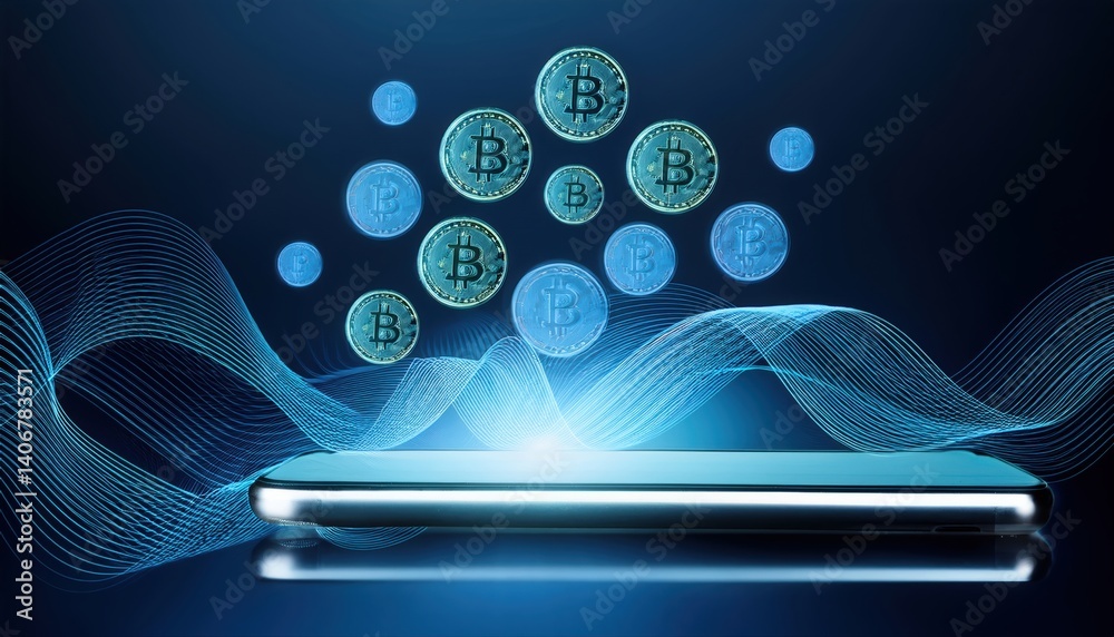 Poster laptop with bitcoin coins emanating from it in a wave motion representing secure transaction lines