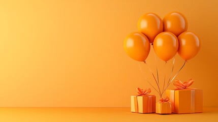Orange balloons and gifts with ribbons on a matching orange background for a celebration scene