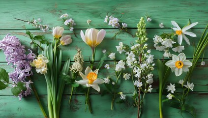 Spring flowers arranged on a green wooden surface.
