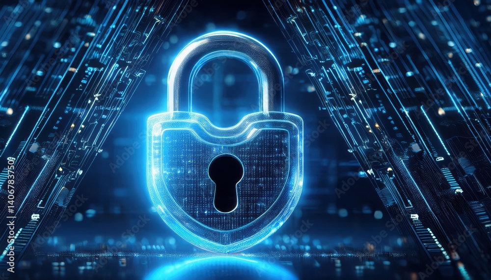 Poster illuminated cyber lock in dark room with matrix design and close-up view of security features