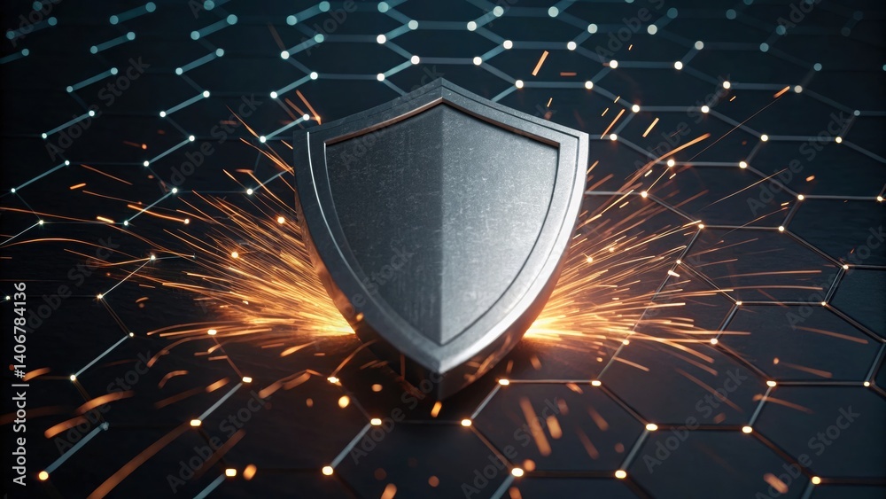 Poster high-tech firewall shield under cyber attack displaying sparks and advanced security protocols in ac