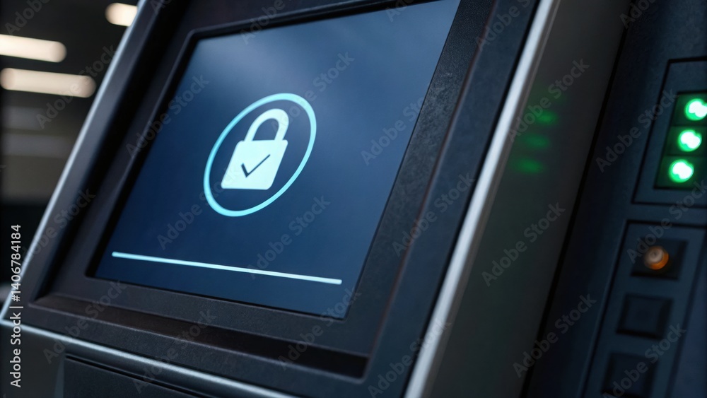 Poster advanced high-tech terminal interface featuring an authorizing secure button on a digital machine
