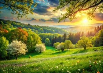 Fototapeta premium Spring's gentle bokeh reveals lush greenery, blooming flowers, and tender new leaves in a soft-focus landscape.