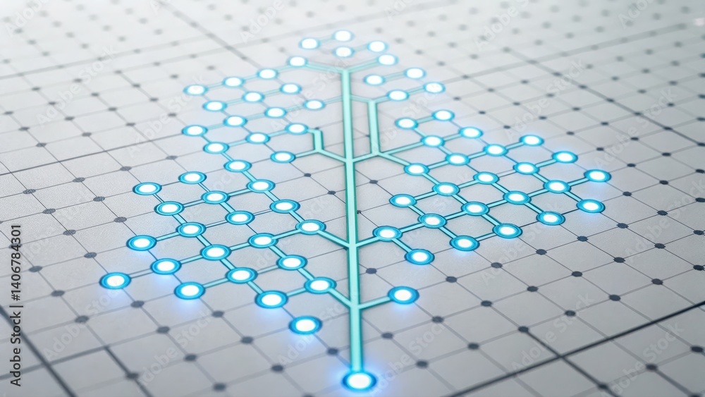 Poster circuit board featuring illuminated blue light highlighting the complexity of holographic data netwo