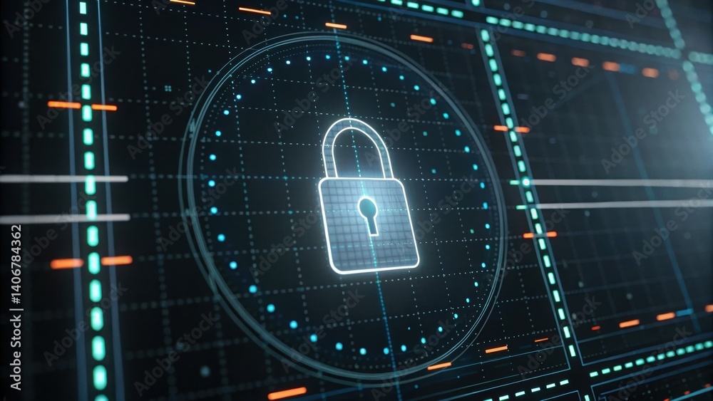 Poster digital padlock displayed on a computer screen representing military-grade data encryption security