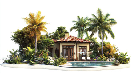 Fototapeta premium Tropical resort style house with pool and palm trees on white background