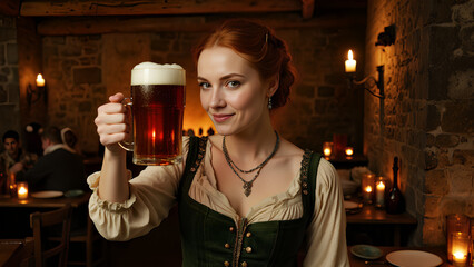 Eine selbstbewusste mittelalterliche Frau mit zurückgebundenem braunem Haar, einem dunkelgrünen Korsett und einer Leinenbluse, erhebt einen Krug Bier zu einem freundlichen Toast. KI Generated