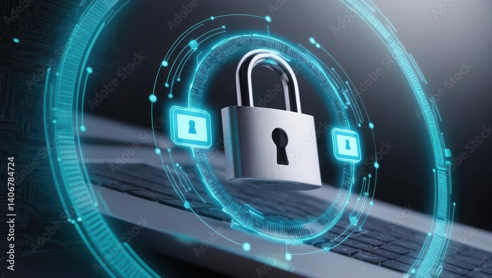 Poster digital security lock on laptop representing secured payment session with advanced encryption