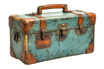 Vintage blue suitcase with leather accents showcasing travel history and character