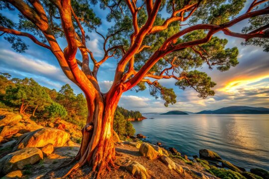 Southern BC coastal beauty: Tumbo Island's arbutus tree, a Pacific Madrona architectural photography masterpiece.