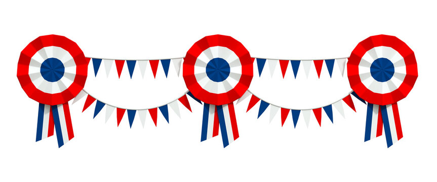 banni&egrave;re web, banderole avec frise, cocardes et fanions tricolores pour le 14 juillet, f&ecirc;te nationale de la France