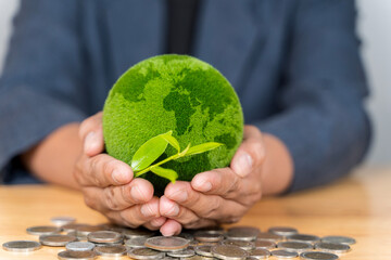 Businessman's hand holding a globe And there is a top of a tree on top of a pile of coins with a green background.