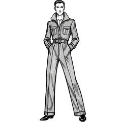 Fototapeta premium Monochrome Retro Illustration Bold Fashion Icon Wearing Stylish Forties Inspired Jumpsuit Classic Pose