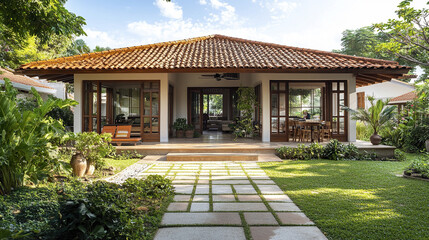 Charming resort style house with lush garden and tiled roof