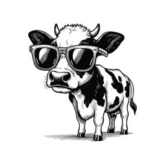 cow wearing sunglasses black and white hand drawn illustration