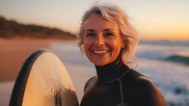 Aged woman with a surfboard is smiling and standing on the beach. She is wearing a wetsuit and she is enjoying the ocean - Powered by Adobe