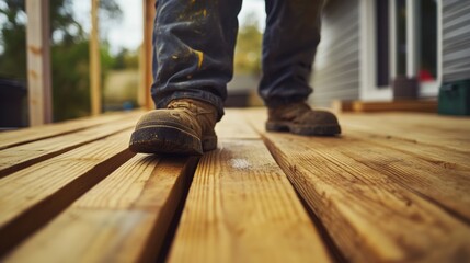 Carpenter building a wooden porch for a house. Featuring outdoor construction