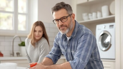 Fototapeta premium Mature man using screwdriver in kitchen with woman looking on in background